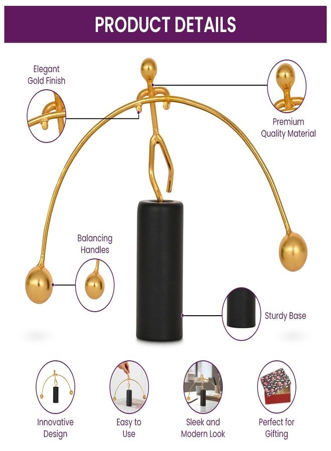 DecorTwist® Newton's Balancing Man Stress Relief Toy 4.5Inch Perpetual Motion Metal Pole Balancing Man Instrument in Gold Home Office Toys Desktop Art for Table Desk Decor Gifts Pack of 1 (Golden) - Image 3